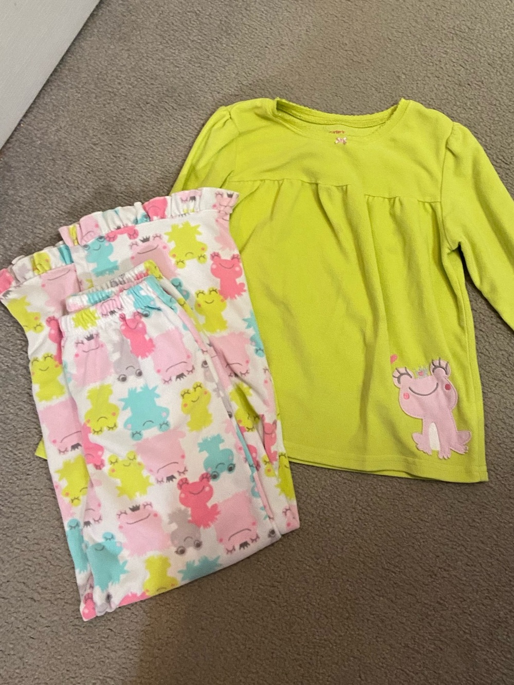 Carter's Lime Green Top with Pink Frog & Pastel Printed Pajama Pants